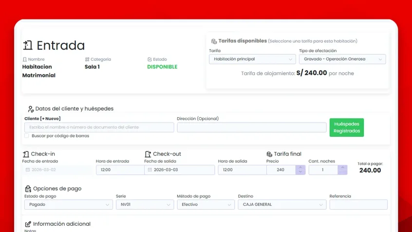 Ingreso de un huésped con su tarifa en Facturas ELE.PE
